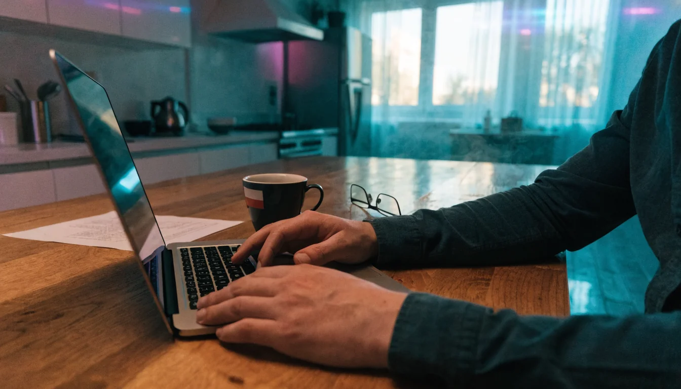 Dłonie osoby korzystającej z laptopa na kuchennym stole z kubkiem i wydrukowaną listą.
